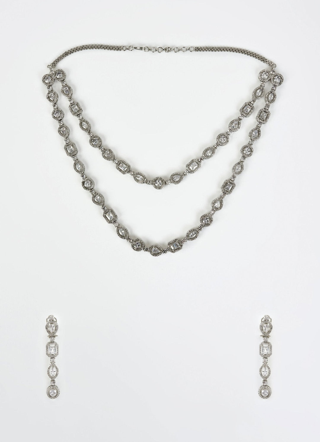 Silver Plated Zircon Double Layered Long Necklace Set Vivinia by Vidhi Mehra - Fabilicious Fashion