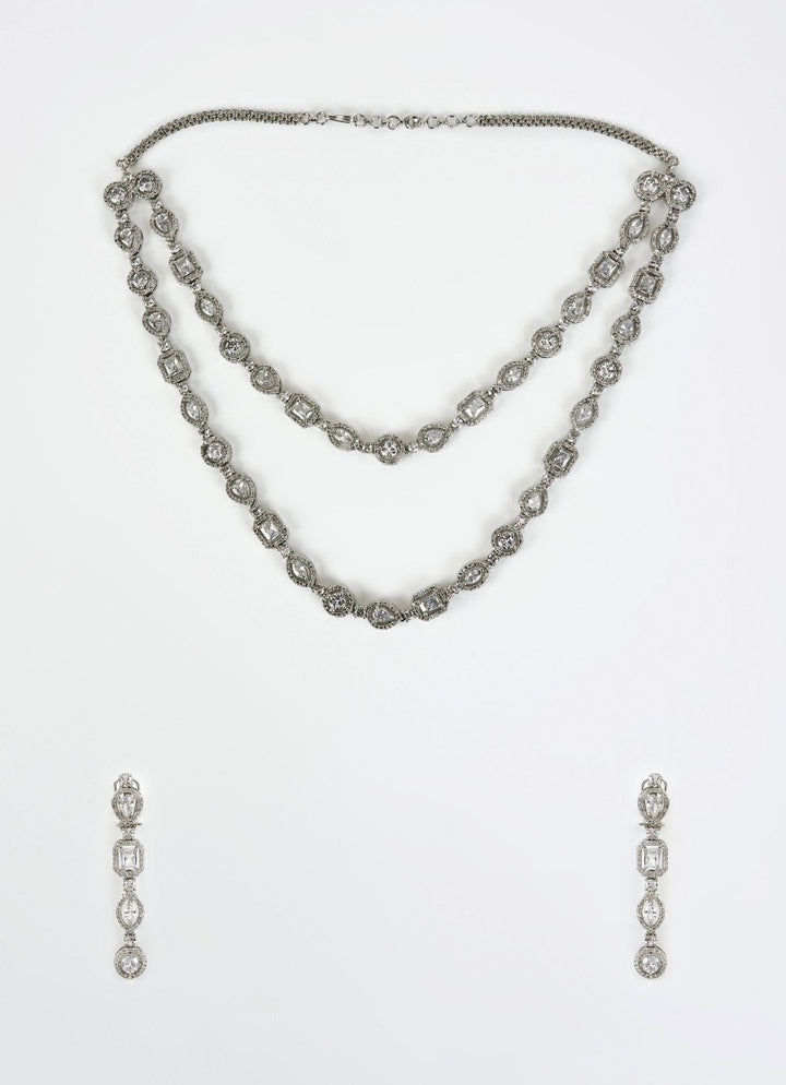 Silver Plated Zircon Double Layered Long Necklace Set Vivinia by Vidhi Mehra - Fabilicious Fashion