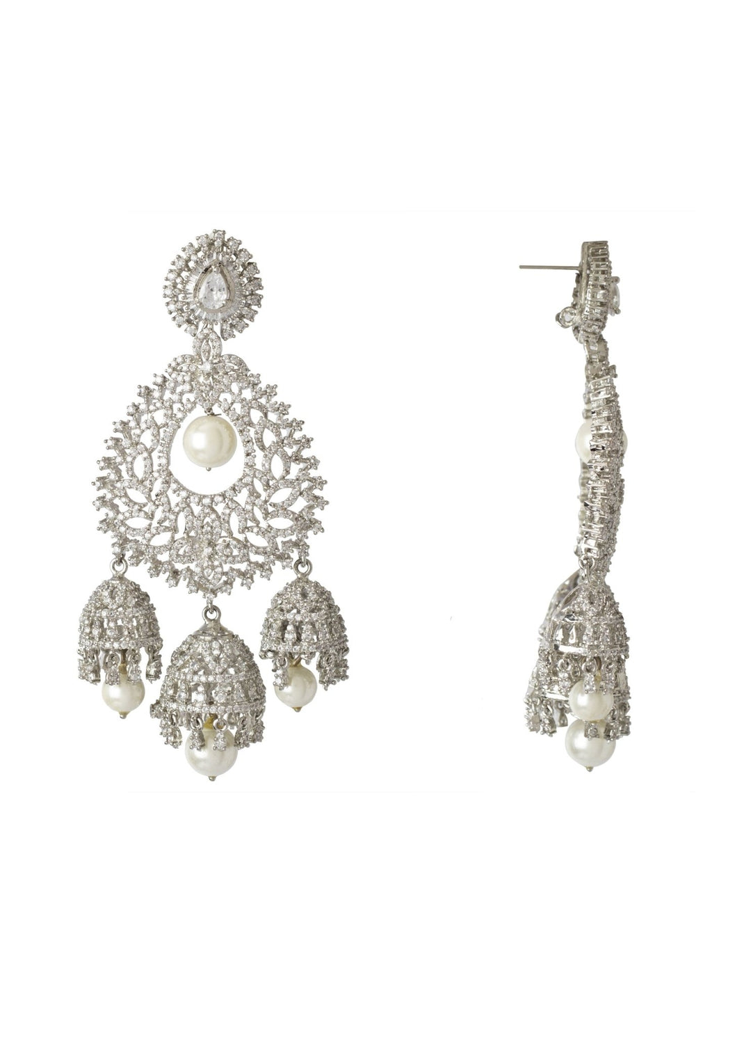 Silver Plated Zircon Earrings With Pearl Drop Vivinia by Vidhi Mehra - Fabilicious Fashion
