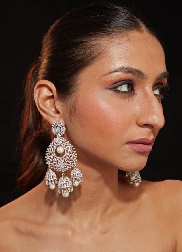 Silver Plated Zircon Earrings With Pearl Drop Vivinia by Vidhi Mehra - Fabilicious Fashion