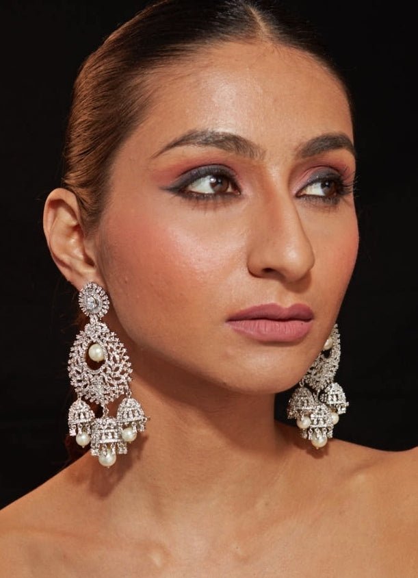 Silver Plated Zircon Earrings With Pearl Drop Vivinia by Vidhi Mehra - Fabilicious Fashion