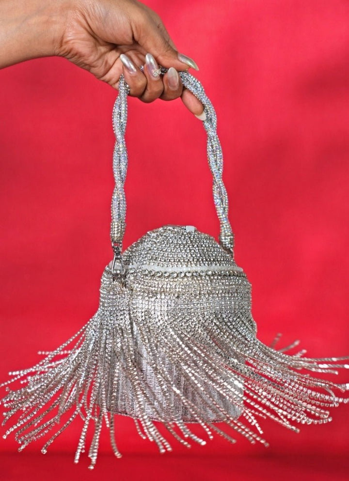 Silver Rhinestone Georgette Bucket Bag House of Kosha - Fabilicious Fashion