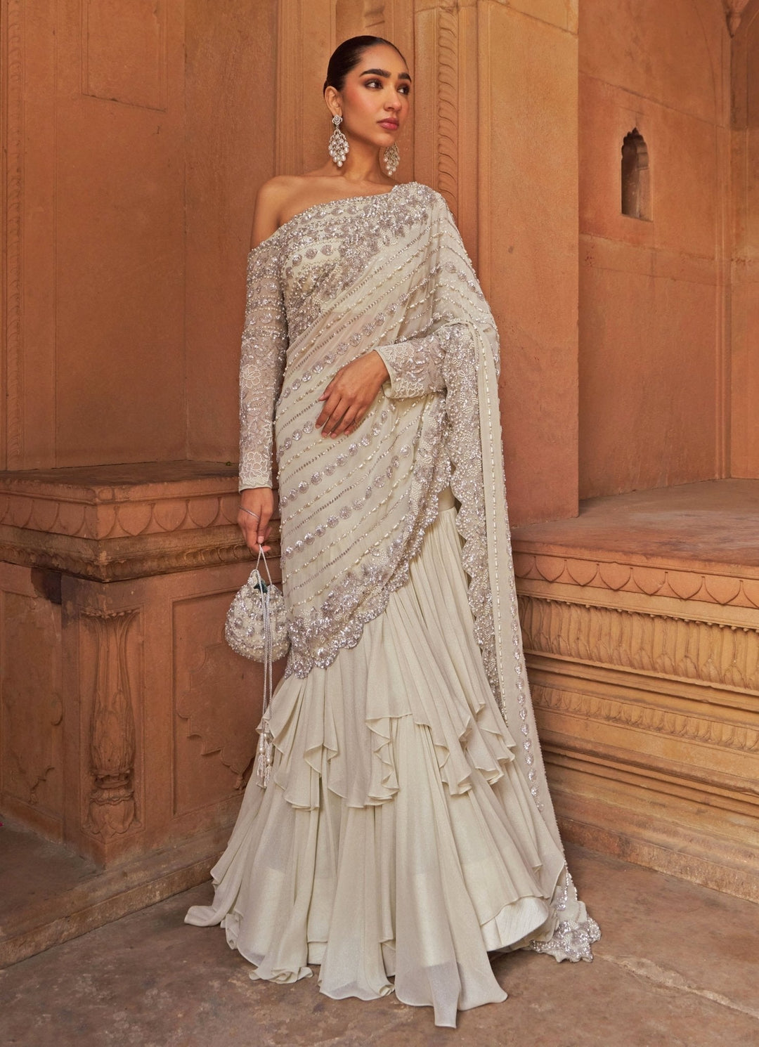 Silver Sequins Georgette Lehenga Saree Set Nidhika Shekhar - Fabilicious Fashion