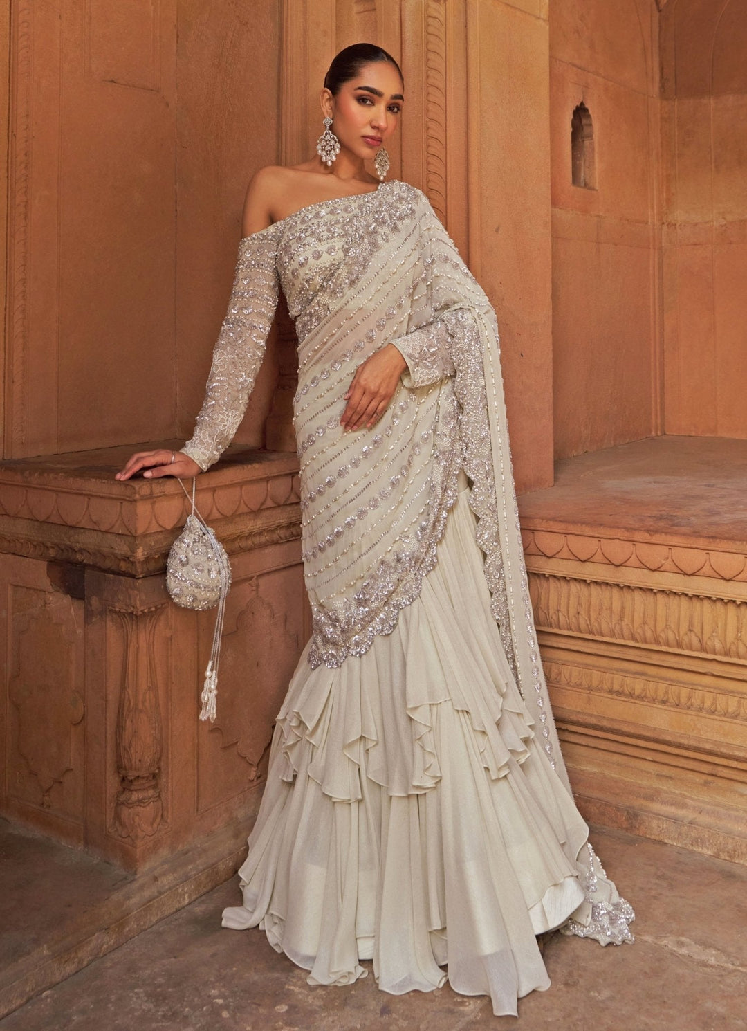 Silver Sequins Georgette Lehenga Saree Set Nidhika Shekhar - Fabilicious Fashion