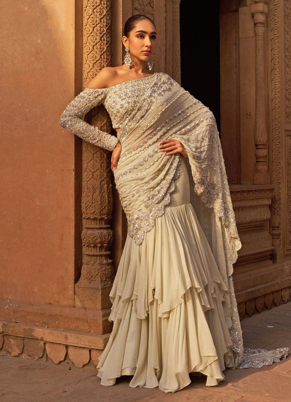 Silver Sequins Georgette Lehenga Saree Set Nidhika Shekhar - Fabilicious Fashion