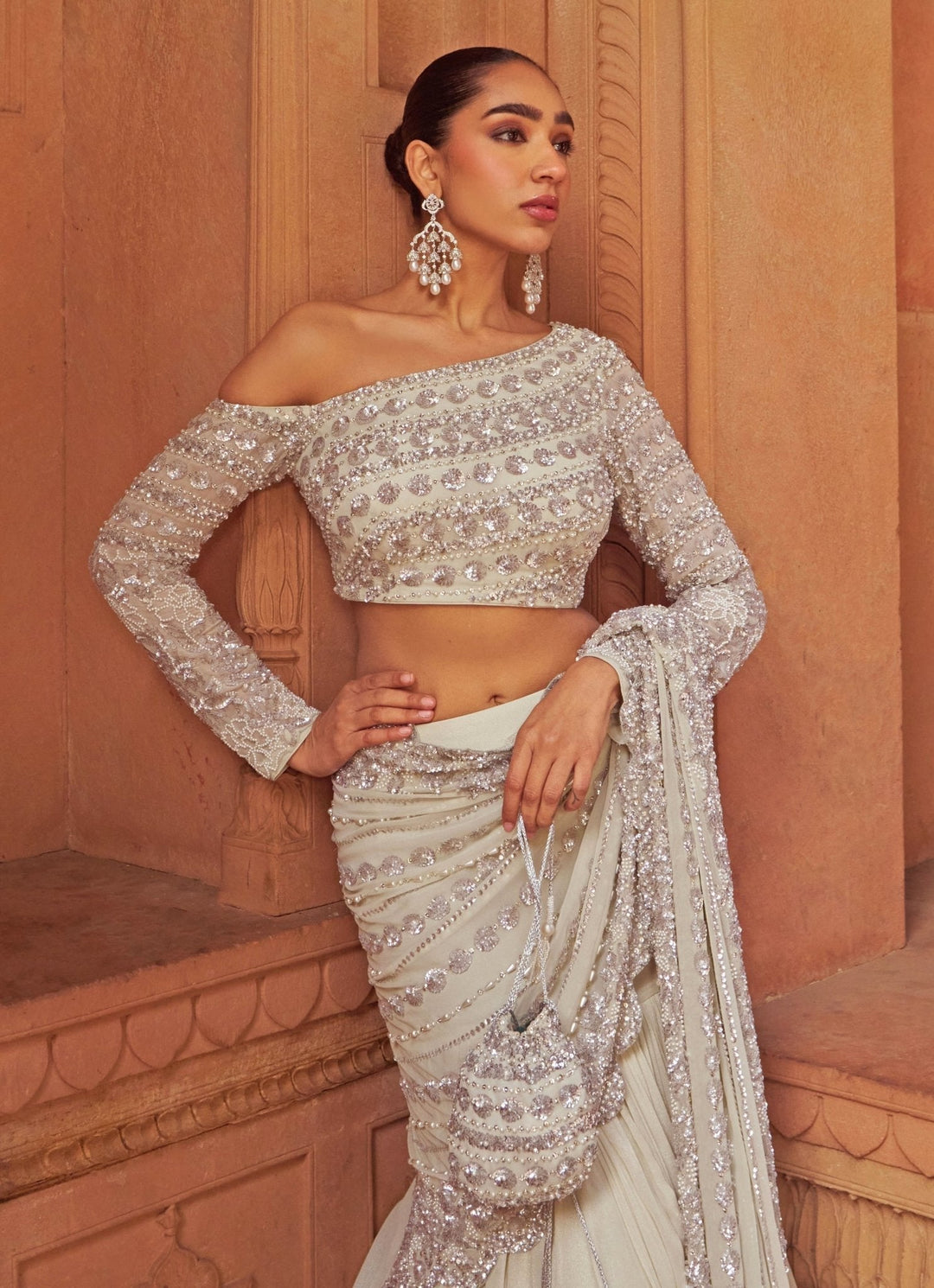 Silver Sequins Georgette Lehenga Saree Set Nidhika Shekhar - Fabilicious Fashion