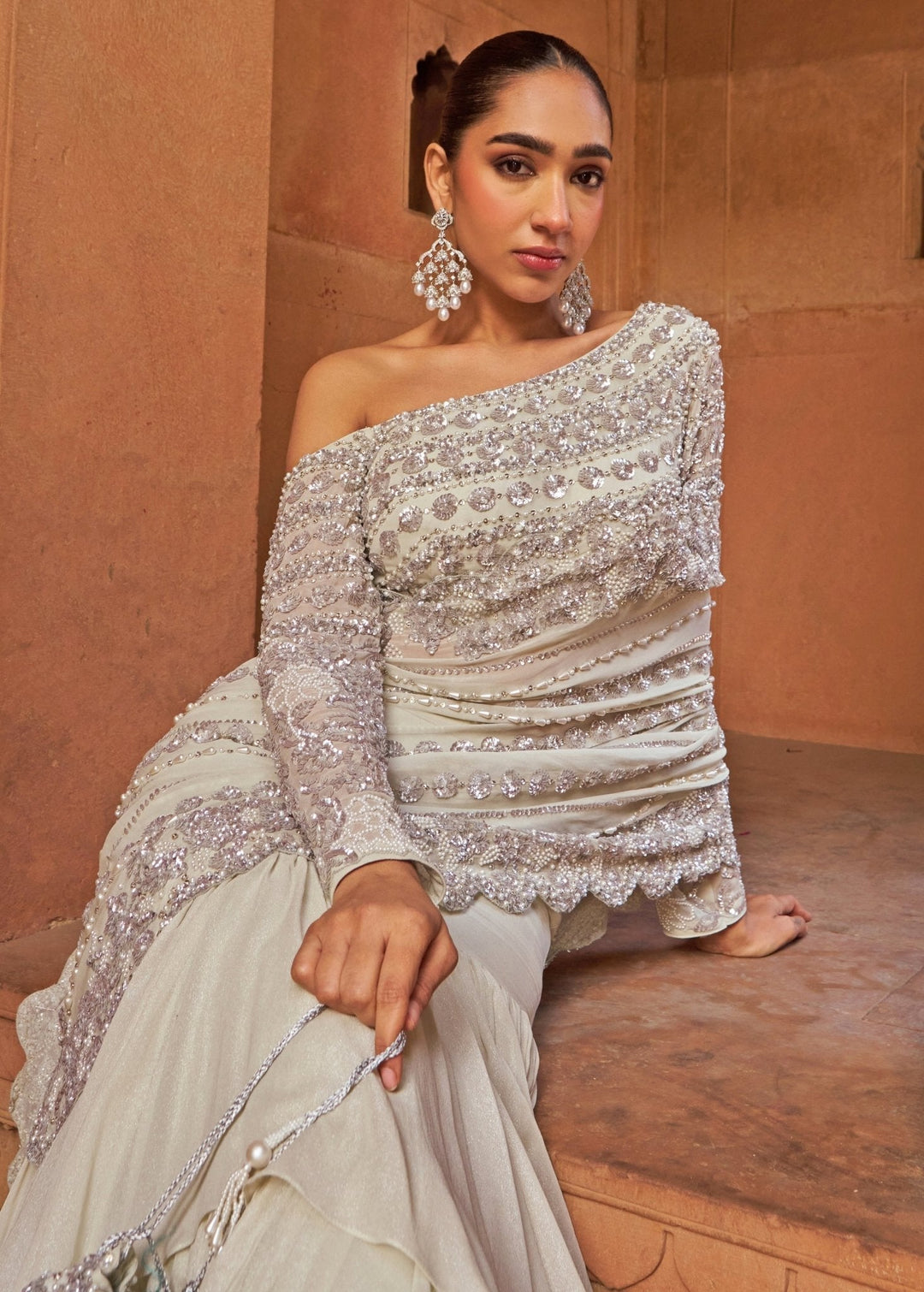 Silver Sequins Georgette Lehenga Saree Set Nidhika Shekhar - Fabilicious Fashion
