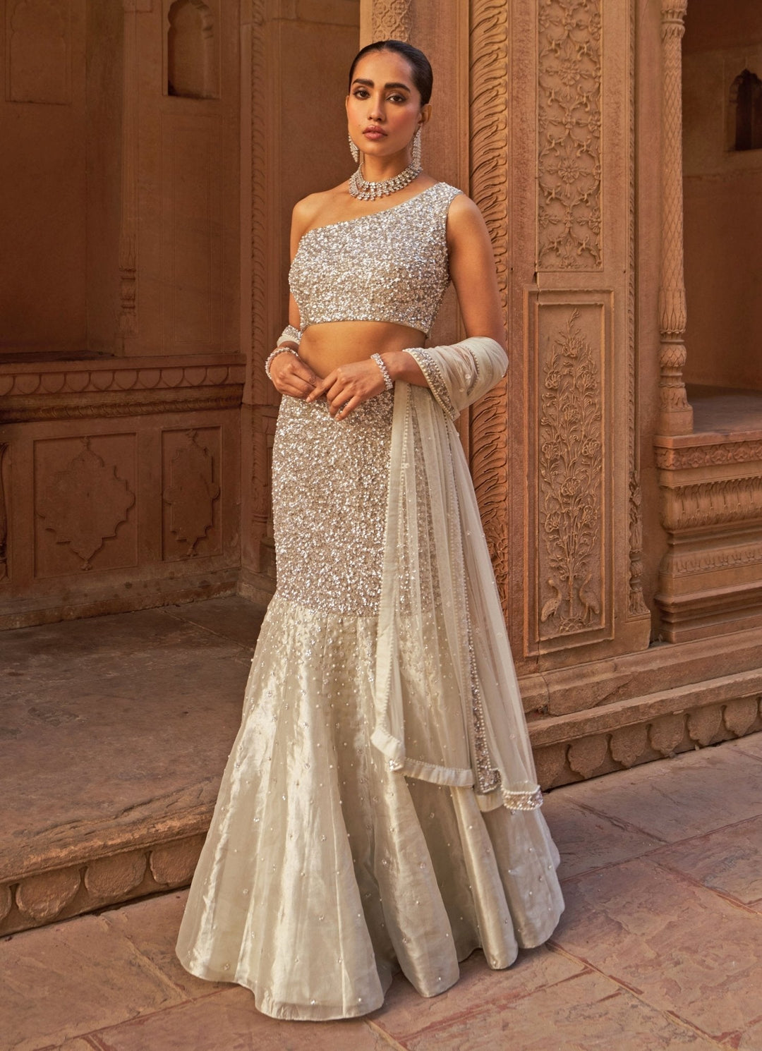 Silver Sequins Mermaid Lehenga With One - Shoulder Blouse Nidhika Shekhar - Fabilicious Fashion
