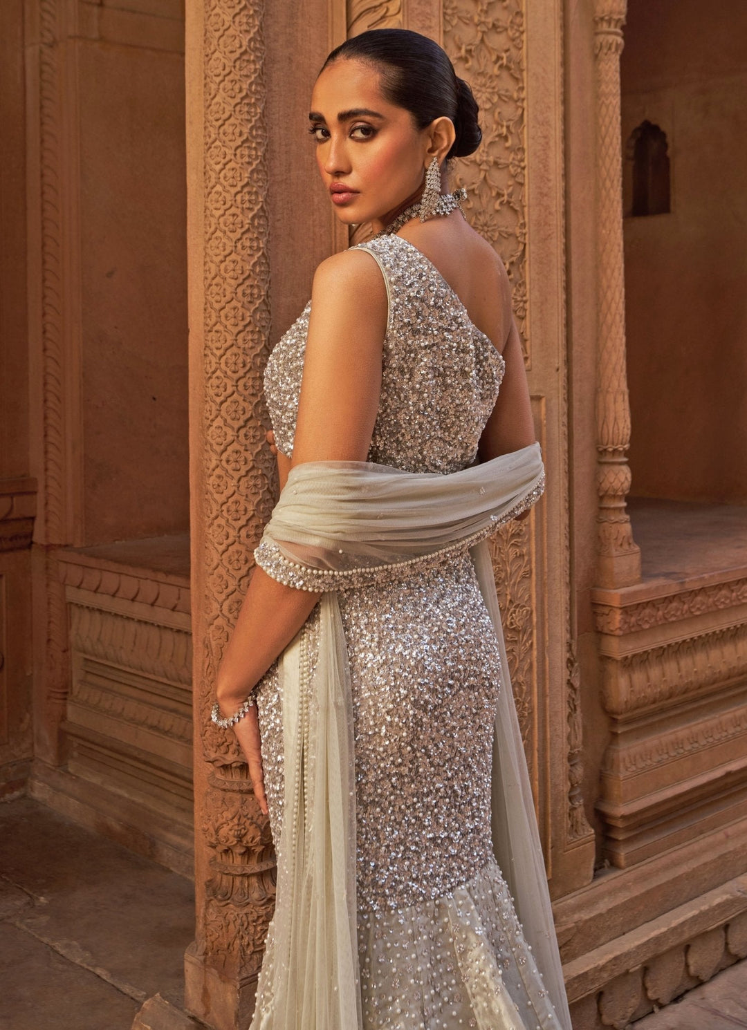 Silver Sequins Mermaid Lehenga With One - Shoulder Blouse Nidhika Shekhar - Fabilicious Fashion