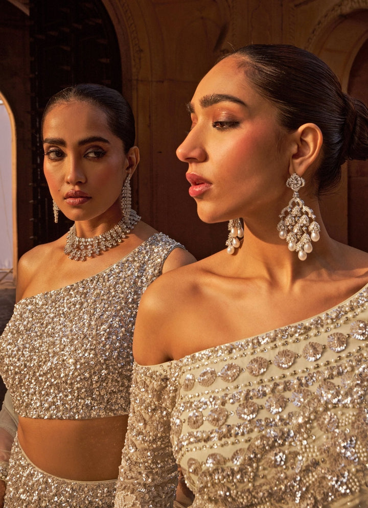 Silver Sequins Mermaid Lehenga With One - Shoulder Blouse Nidhika Shekhar - Fabilicious Fashion