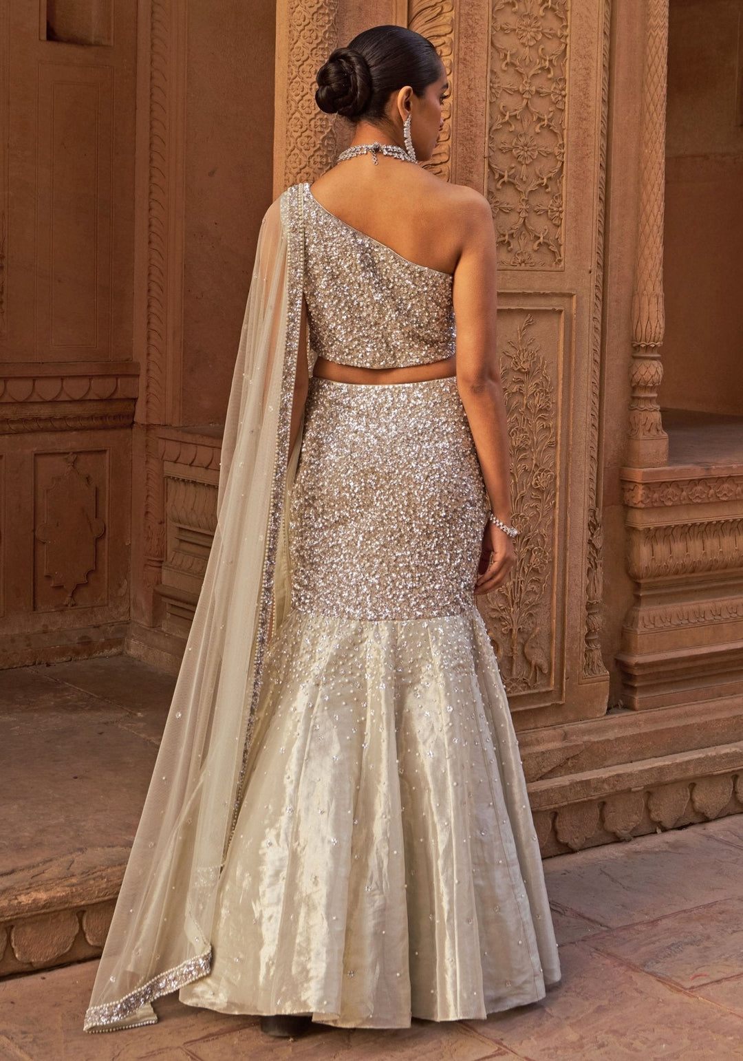Silver Sequins Mermaid Lehenga With One - Shoulder Blouse Nidhika Shekhar - Fabilicious Fashion