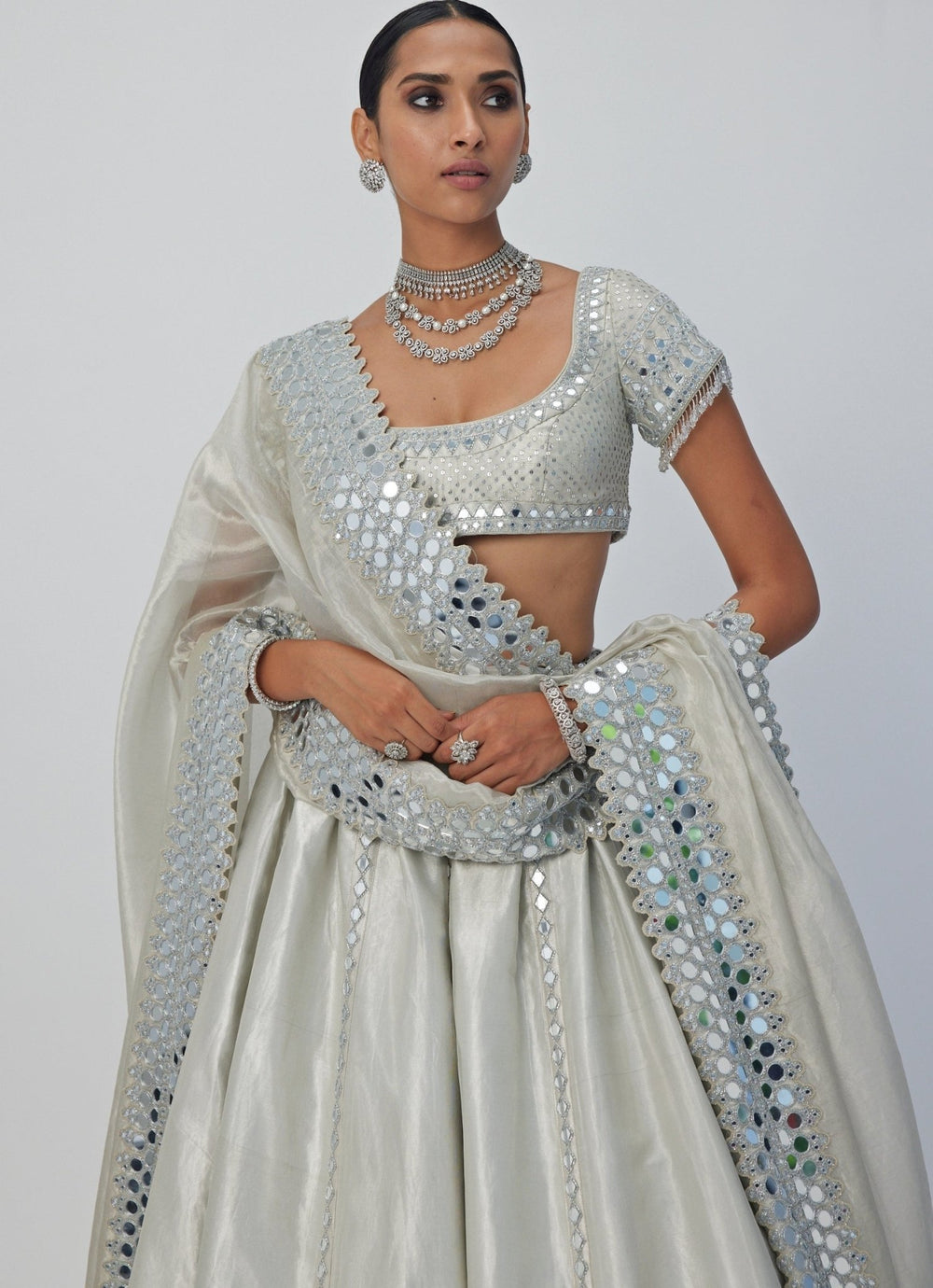 Silver Shimmer Embroidered Organza Lehenga With Classic Blouse Vvani By Vani Vats - Fabilicious Fashion