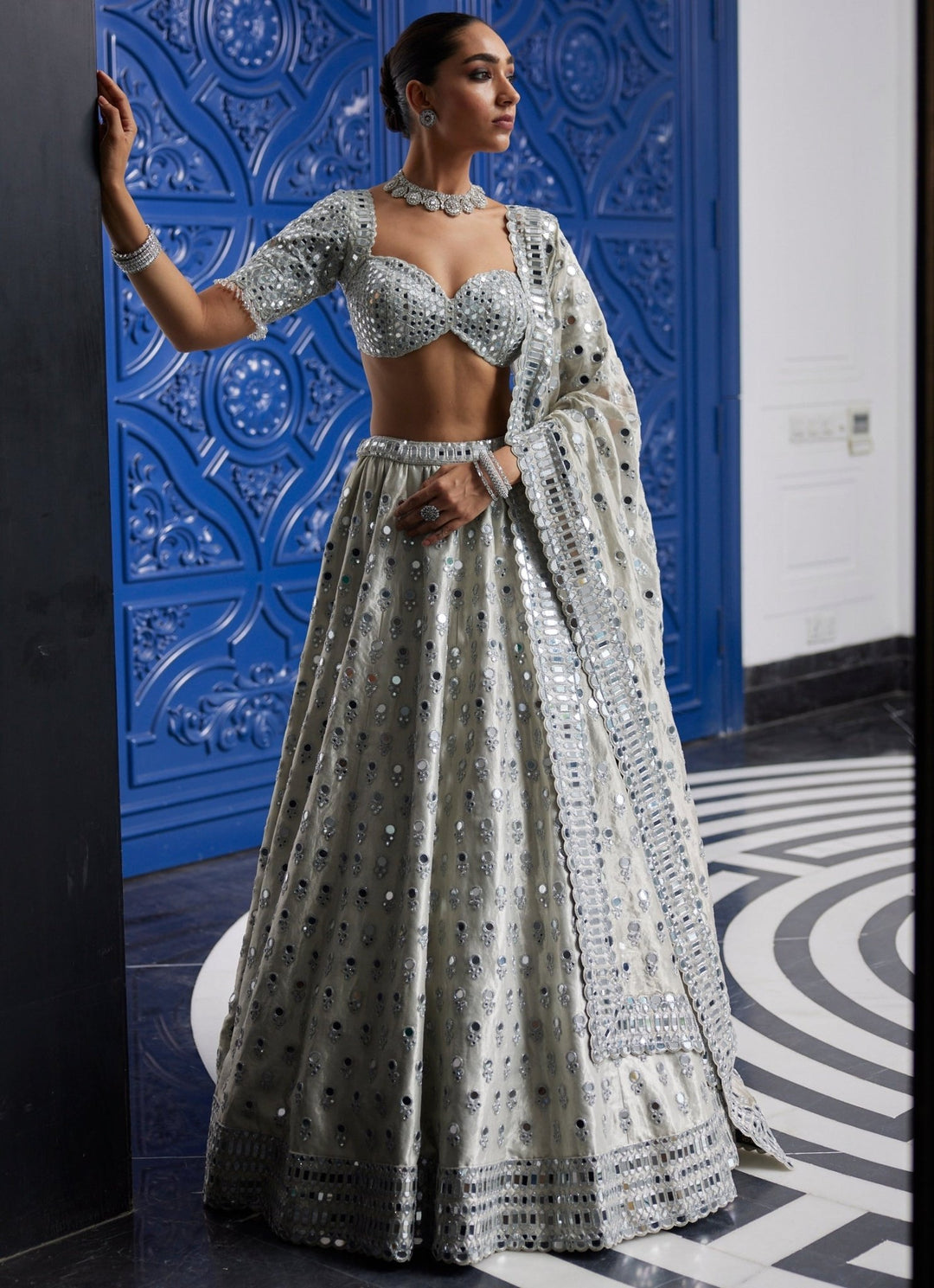 Silver Shimmer Mirror Embroidered Organza Lehenga With Classic Blouse Vvani By Vani Vats - Fabilicious Fashion