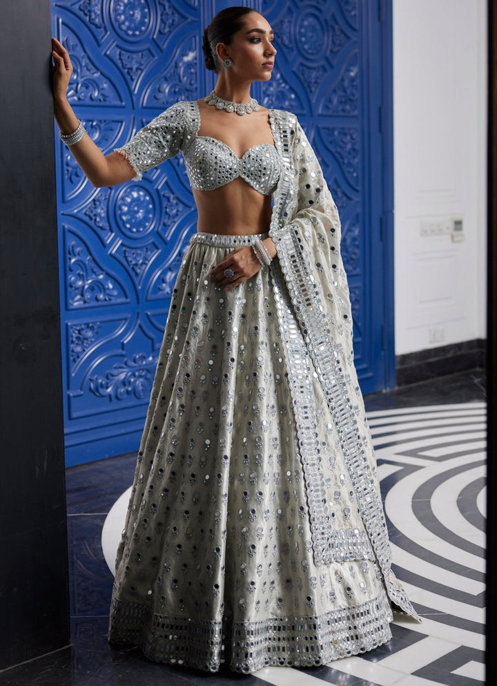 Silver Shimmer Mirror Embroidered Organza Lehenga With Classic Blouse Vvani By Vani Vats - Fabilicious Fashion