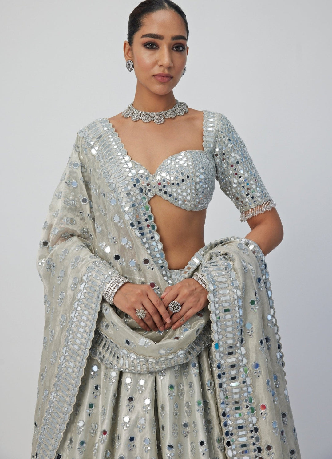 Silver Shimmer Mirror Embroidered Organza Lehenga With Classic Blouse Vvani By Vani Vats - Fabilicious Fashion