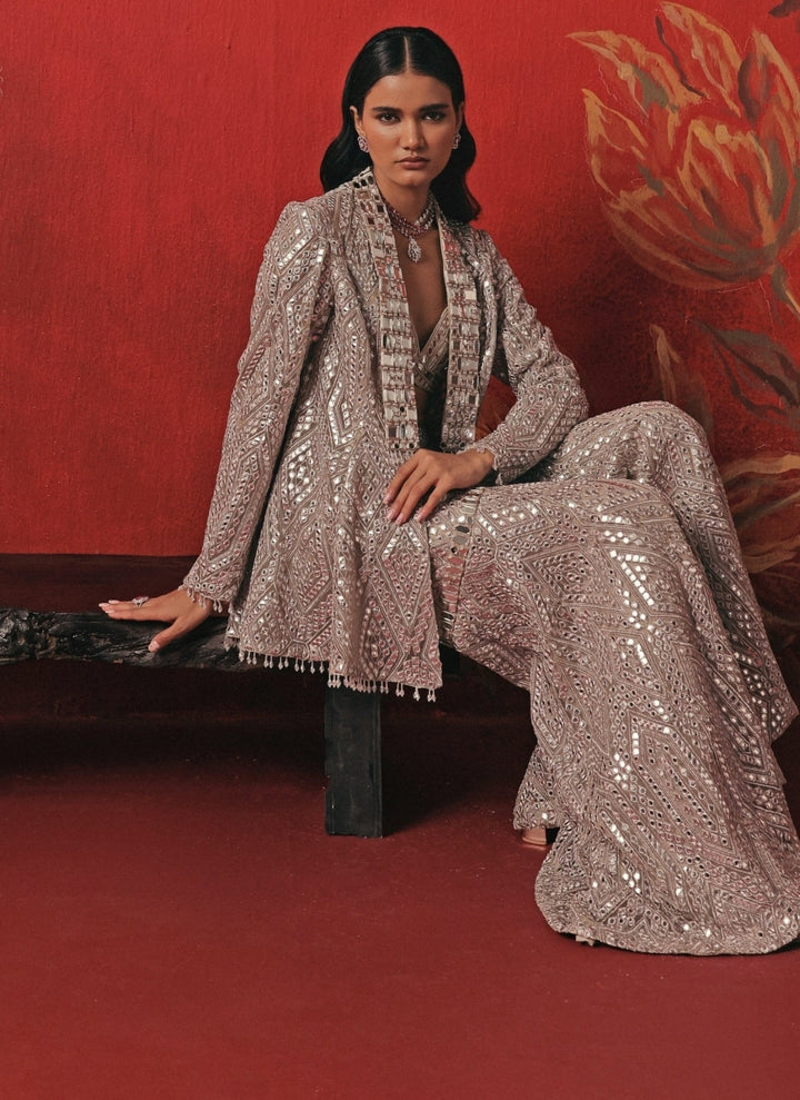 Twenty Nine Silver Soft Net Blouse Sharara Set With JacketFabilicious Fashion