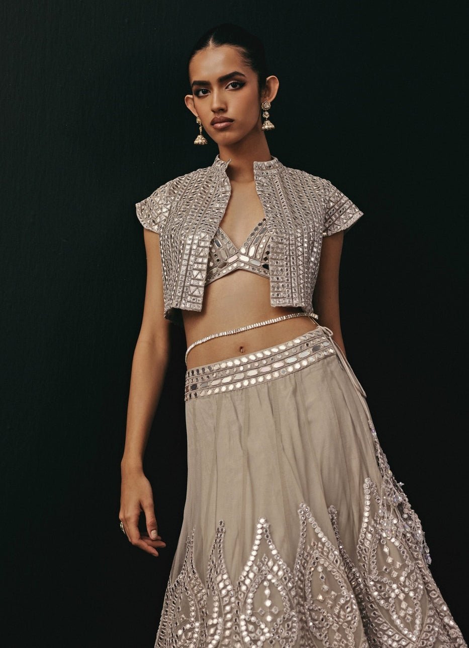 Silver Soft Net Mirrorwork Jacket Lehenga Set Twenty Nine - Fabilicious Fashion