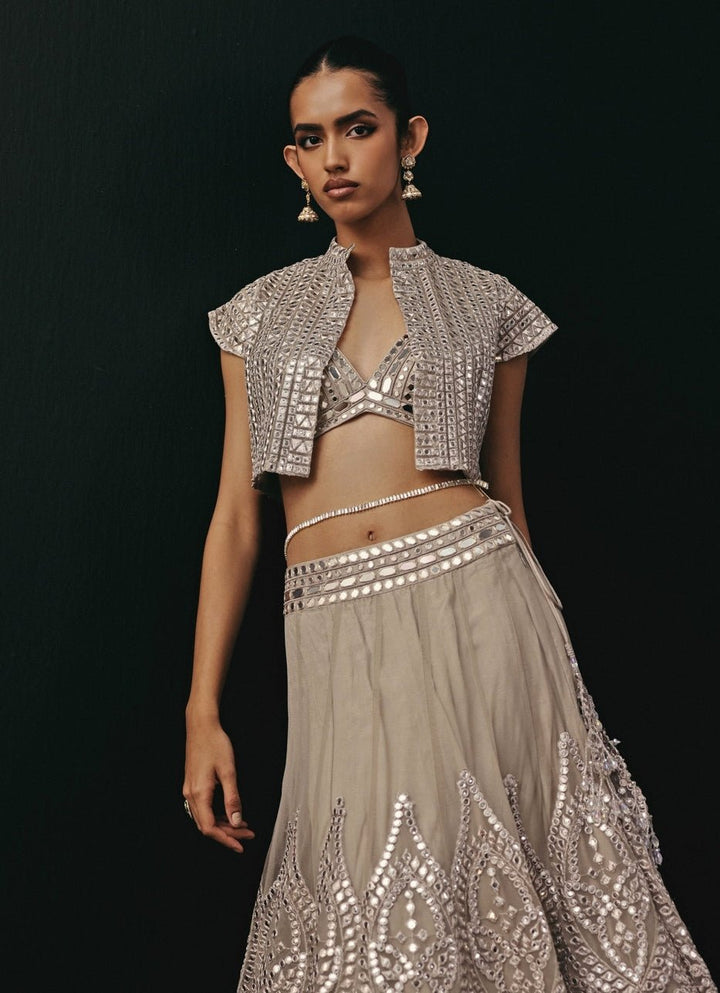 Silver Soft Net Mirrorwork Jacket Lehenga Set Twenty Nine - Fabilicious Fashion