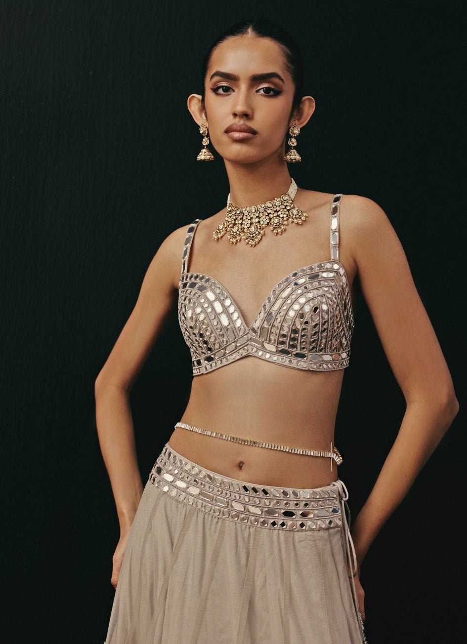 Silver Soft Net Mirrorwork Jacket Lehenga Set Twenty Nine - Fabilicious Fashion