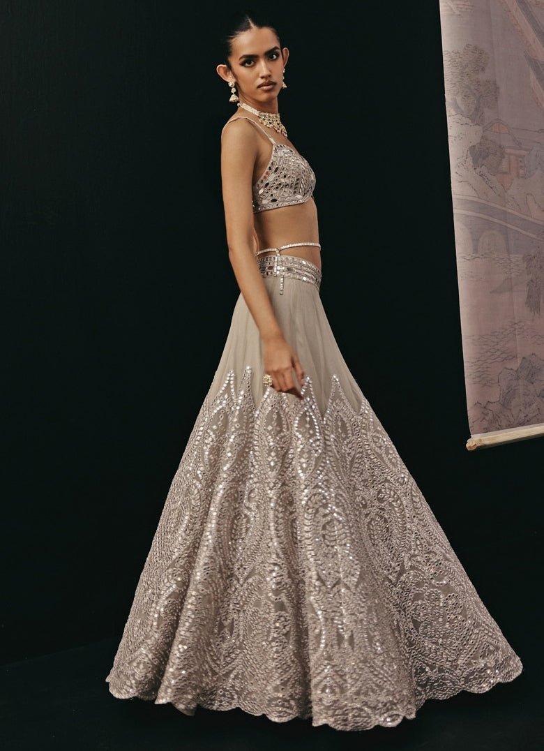 Silver Soft Net Mirrorwork Jacket Lehenga Set Twenty Nine - Fabilicious Fashion