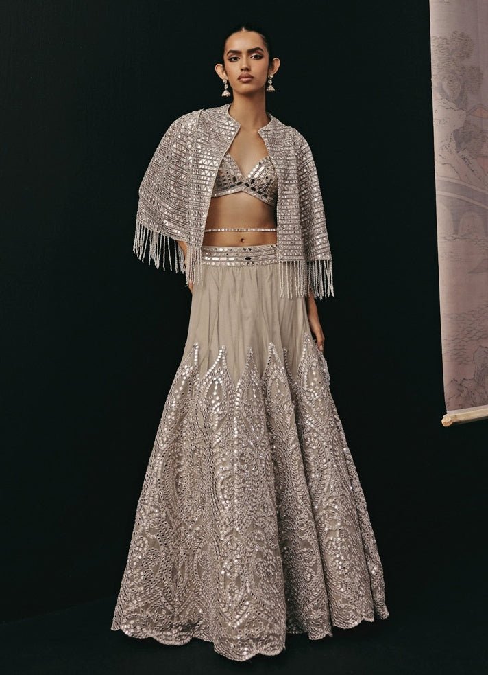 Silver Soft Net Mirrorwork Jacket Lehenga Set Twenty Nine - Fabilicious Fashion