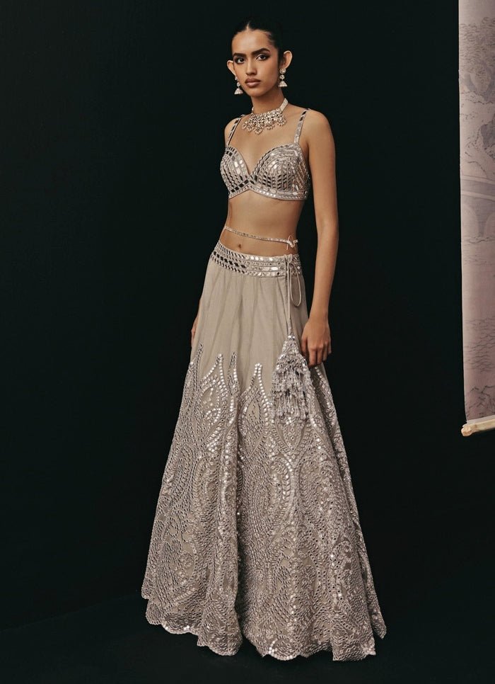 Silver Soft Net Mirrorwork Jacket Lehenga Set Twenty Nine - Fabilicious Fashion