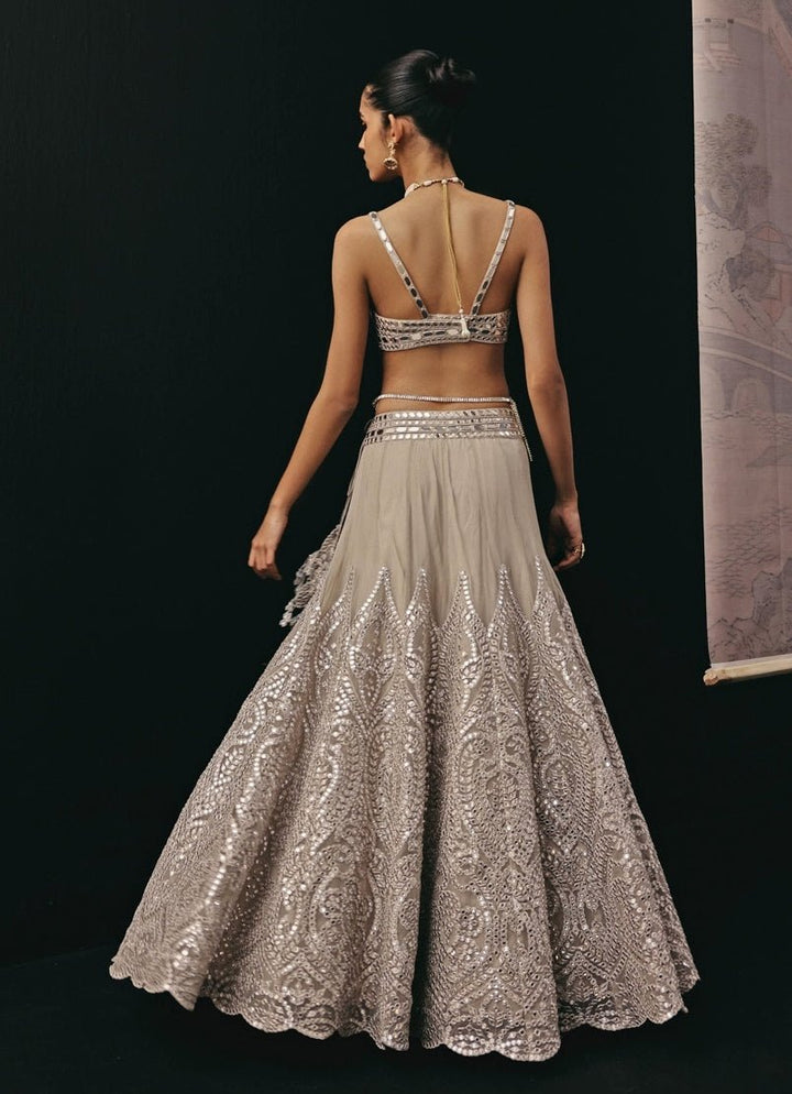 Silver Soft Net Mirrorwork Jacket Lehenga Set Twenty Nine - Fabilicious Fashion