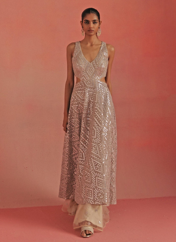Twenty Nine Silver Soft Net Mirrorwork Long Kurta With ShararaFabilicious Fashion