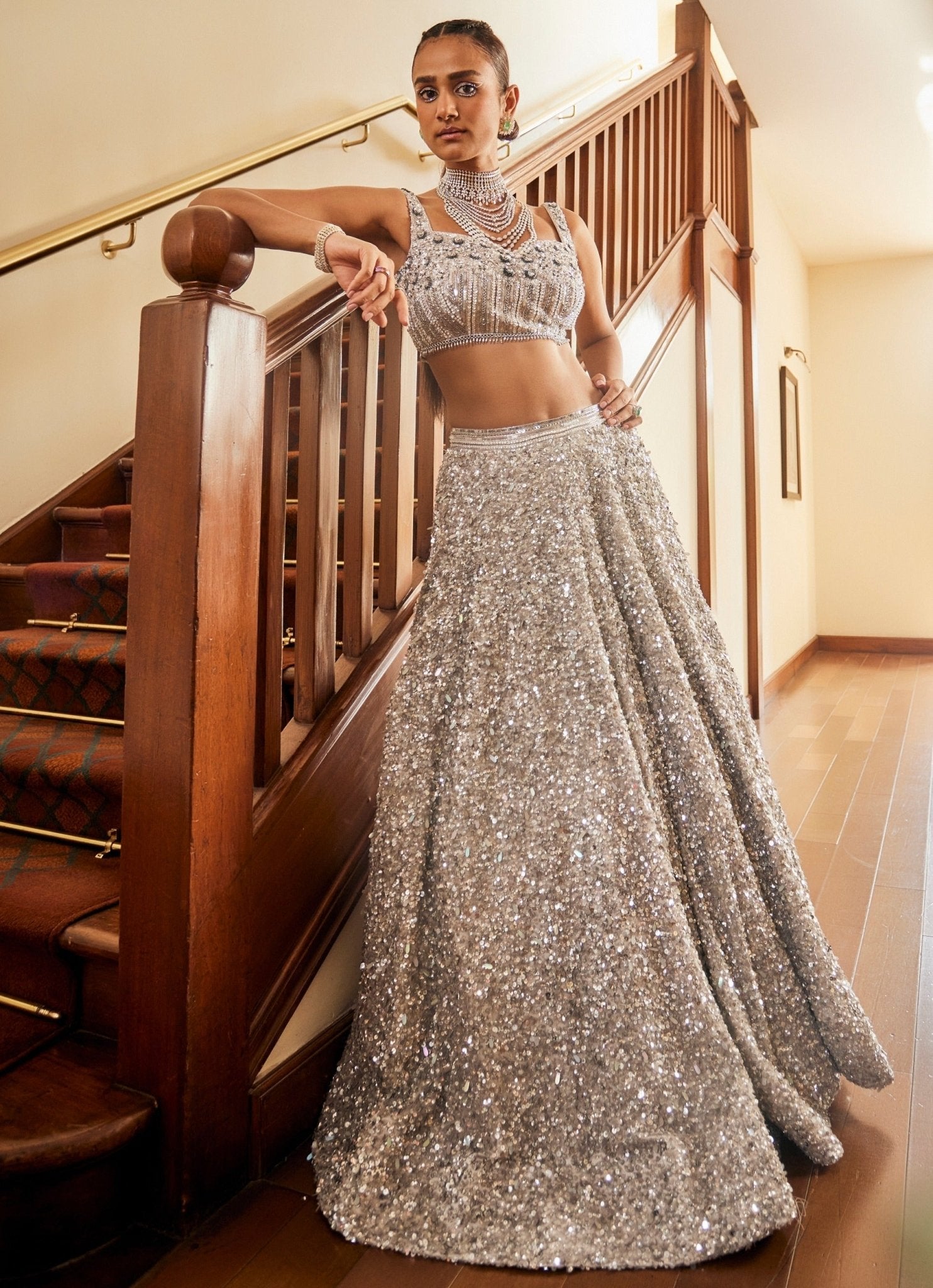 Silver satin lehenga for modern bridal reception