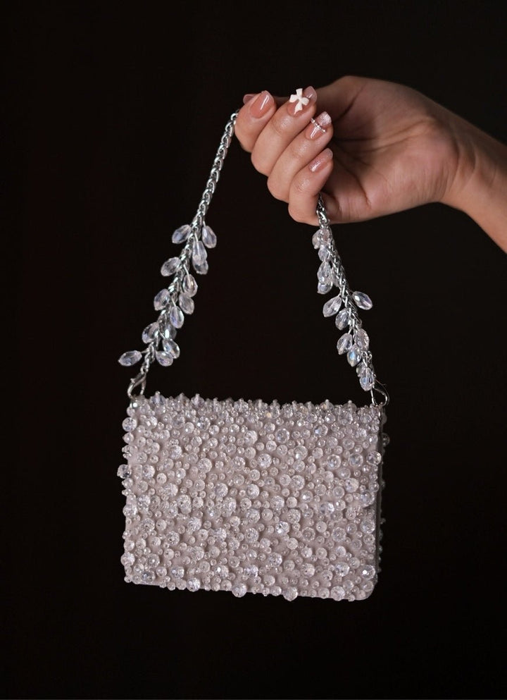 Silver Suede Crystal Embellished Mini Bag House of Kosha - Fabilicious Fashion