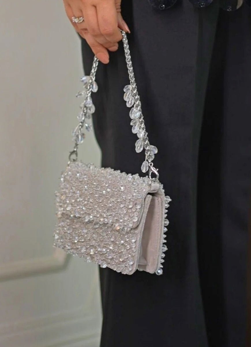Silver Suede Crystal Embellished Mini Bag House of Kosha - Fabilicious Fashion