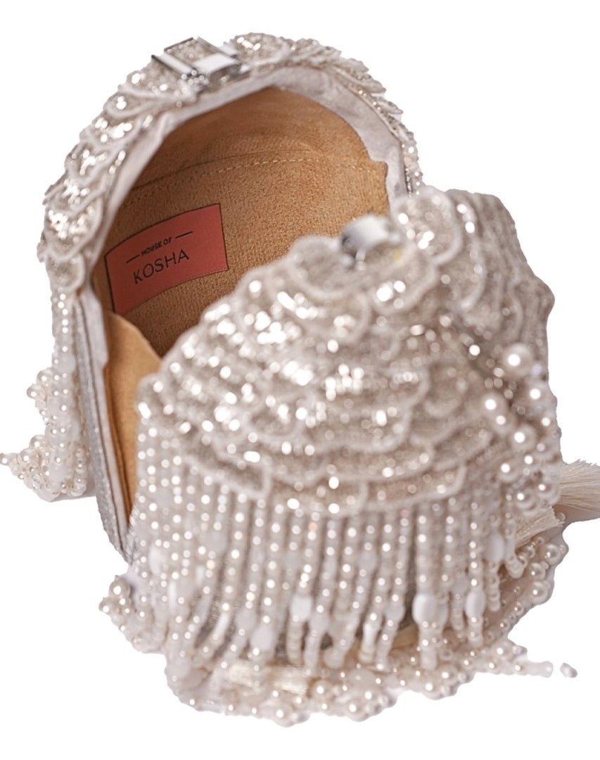 Silver Suede Embellished Bucket Bag House of Kosha - Fabilicious Fashion