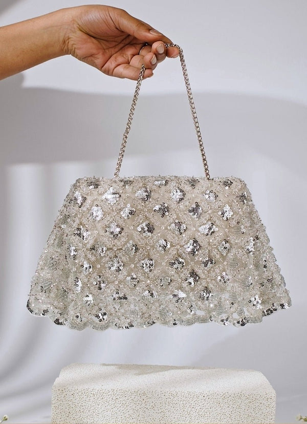 Silver Suede Embellished Clutch