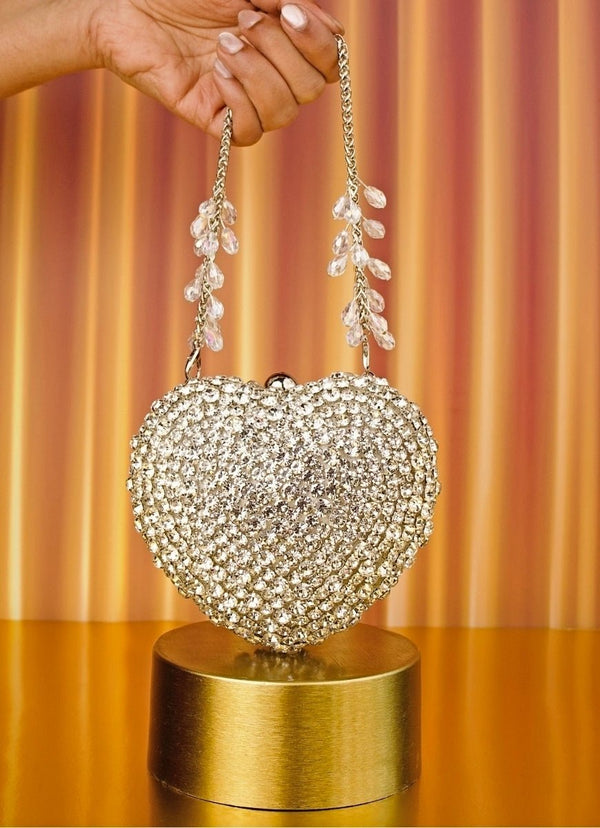 Silver Suede Embellished Heart Bag