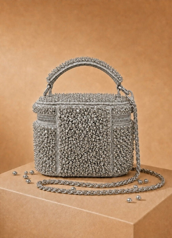 House of Kosha Silver Suede Embroidered Vanity BagFabilicious Fashion