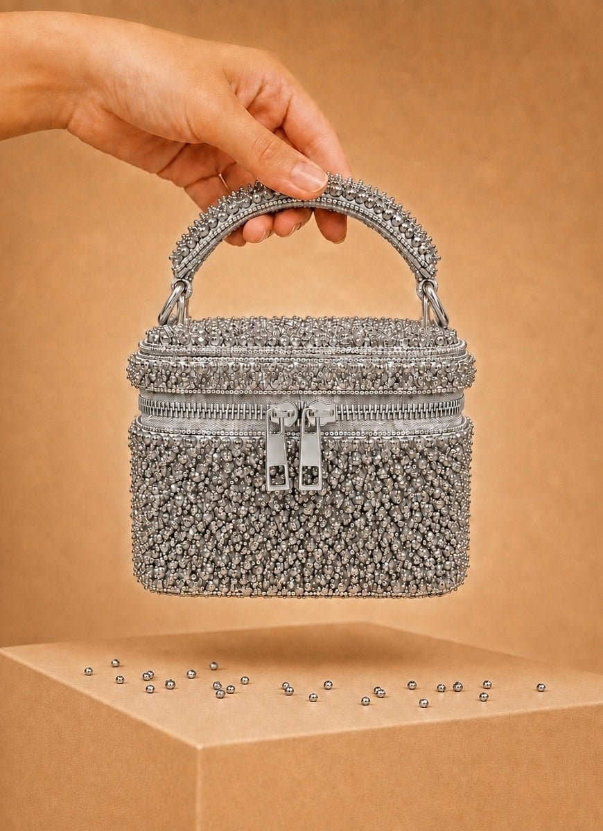 House of Kosha Silver Suede Embroidered Vanity BagFabilicious Fashion