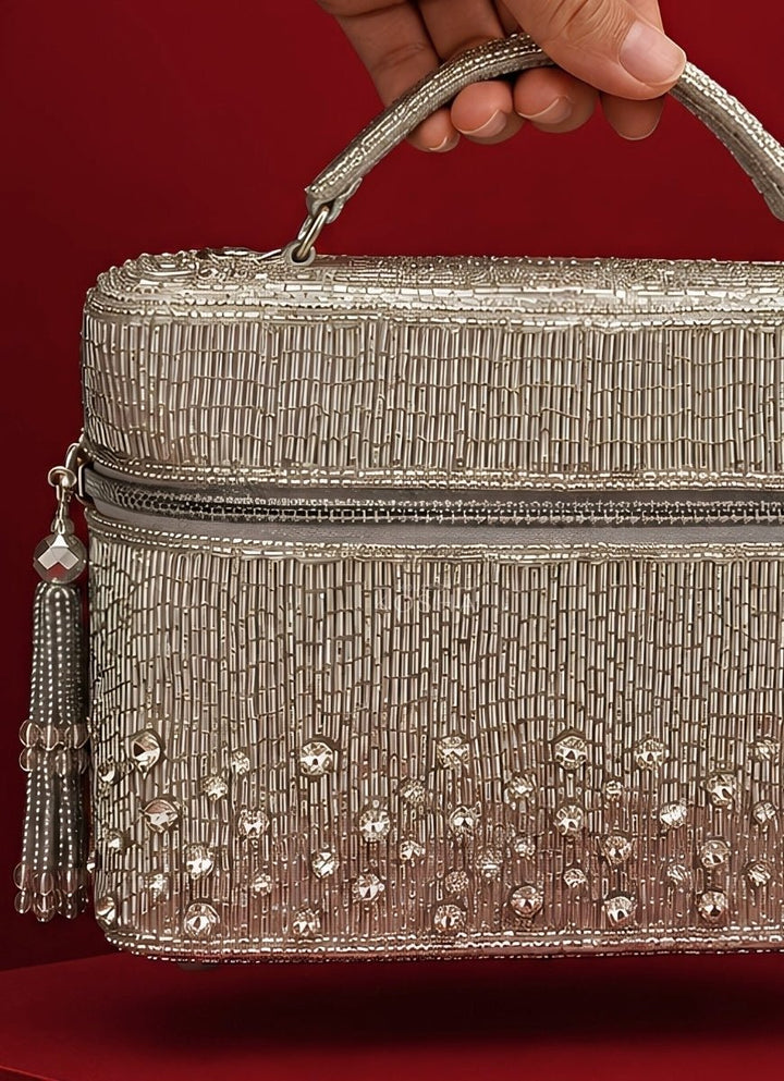 House of Kosha Silver Suede Embroidered Vanity BagFabilicious Fashion