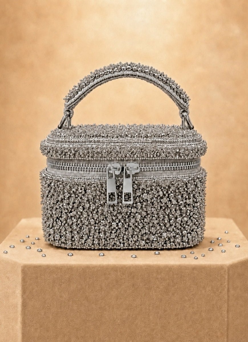 House of Kosha Silver Suede Embroidered Vanity BagFabilicious Fashion