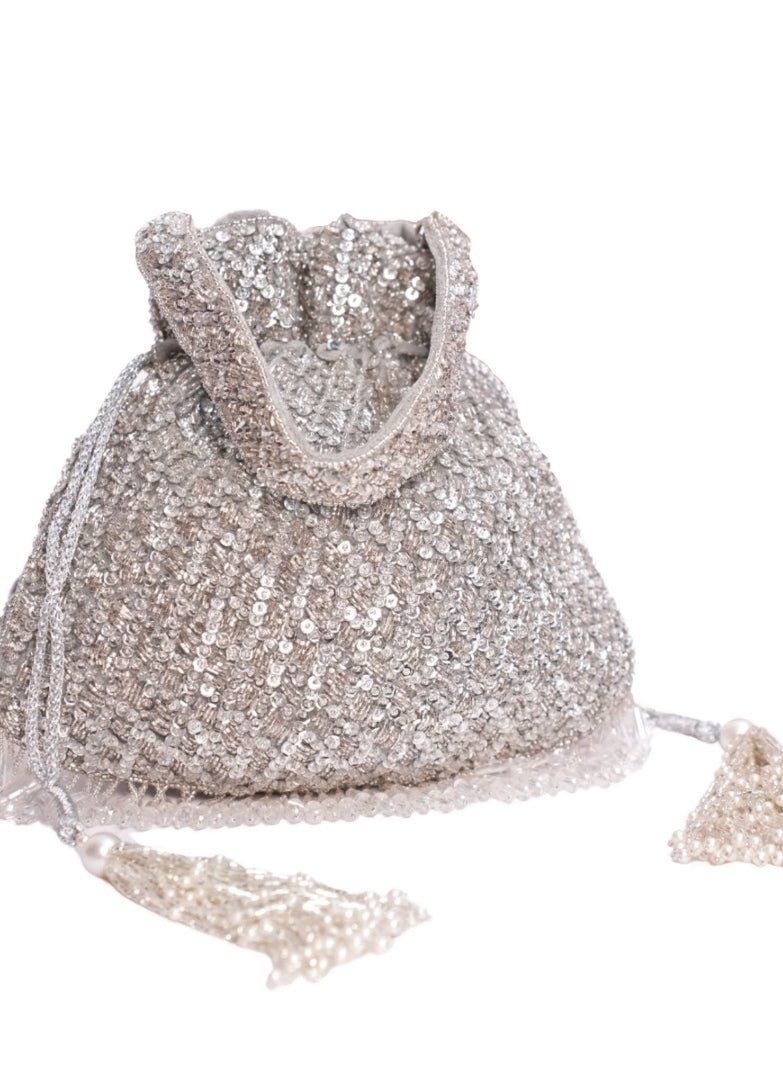 Silver Suede Sequin Embellished Potli House of Kosha - Fabilicious Fashion