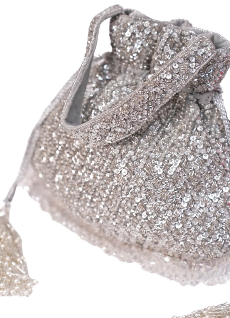 Silver Suede Sequin Embellished Potli House of Kosha - Fabilicious Fashion