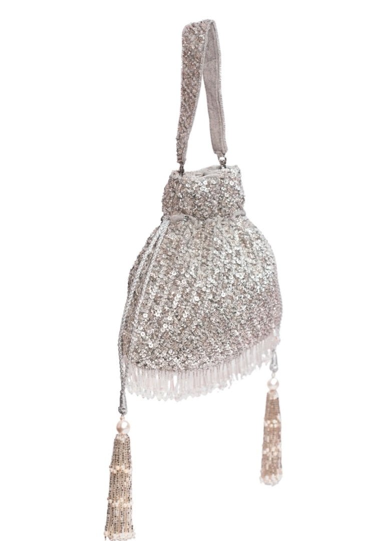 Silver Suede Sequin Embellished Potli House of Kosha - Fabilicious Fashion