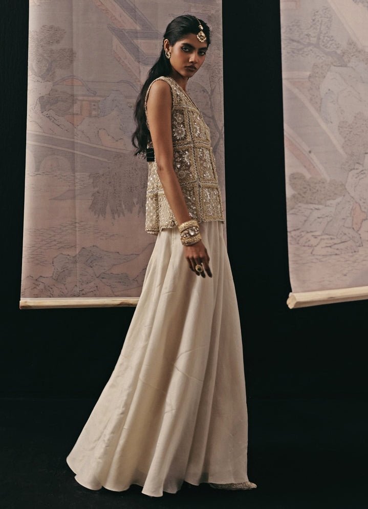 Silver Tissue Skirt Pant With Mirrorwork Gilet Twenty Nine - Fabilicious Fashion