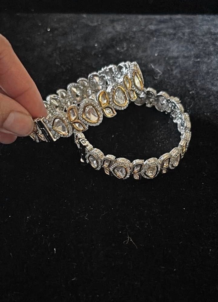 Silver White Plated Kundan Kada Set Zevar by Geeta - Fabilicious Fashion