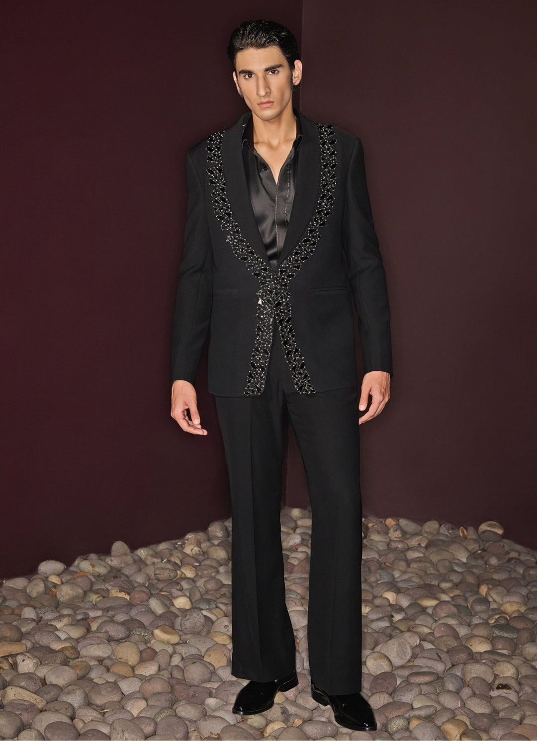 Single - Breasted Black Embroidered Tuxedo Set Contrast By Parth - Fabilicious Fashion
