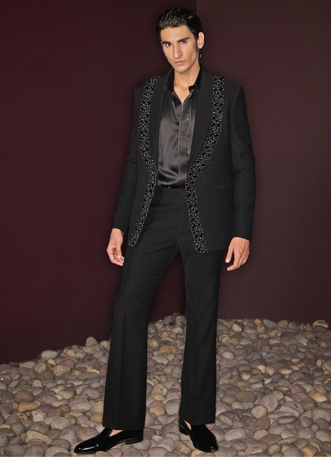 Single - Breasted Black Embroidered Tuxedo Set Contrast By Parth - Fabilicious Fashion