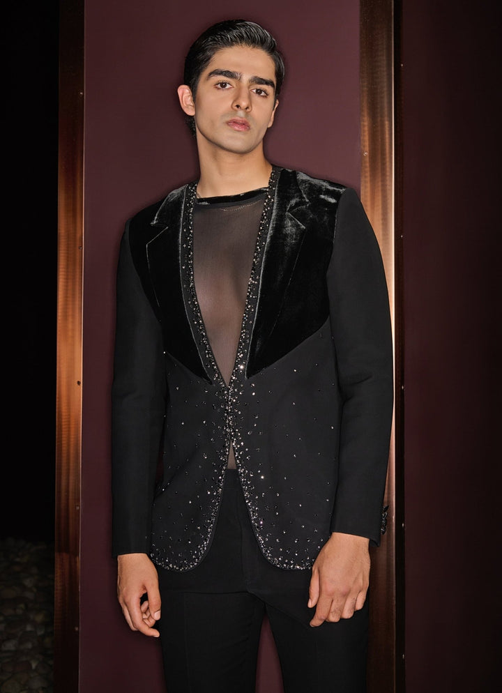 Single - Breasted Black Tuxedo Set Contrast By Parth - Fabilicious Fashion