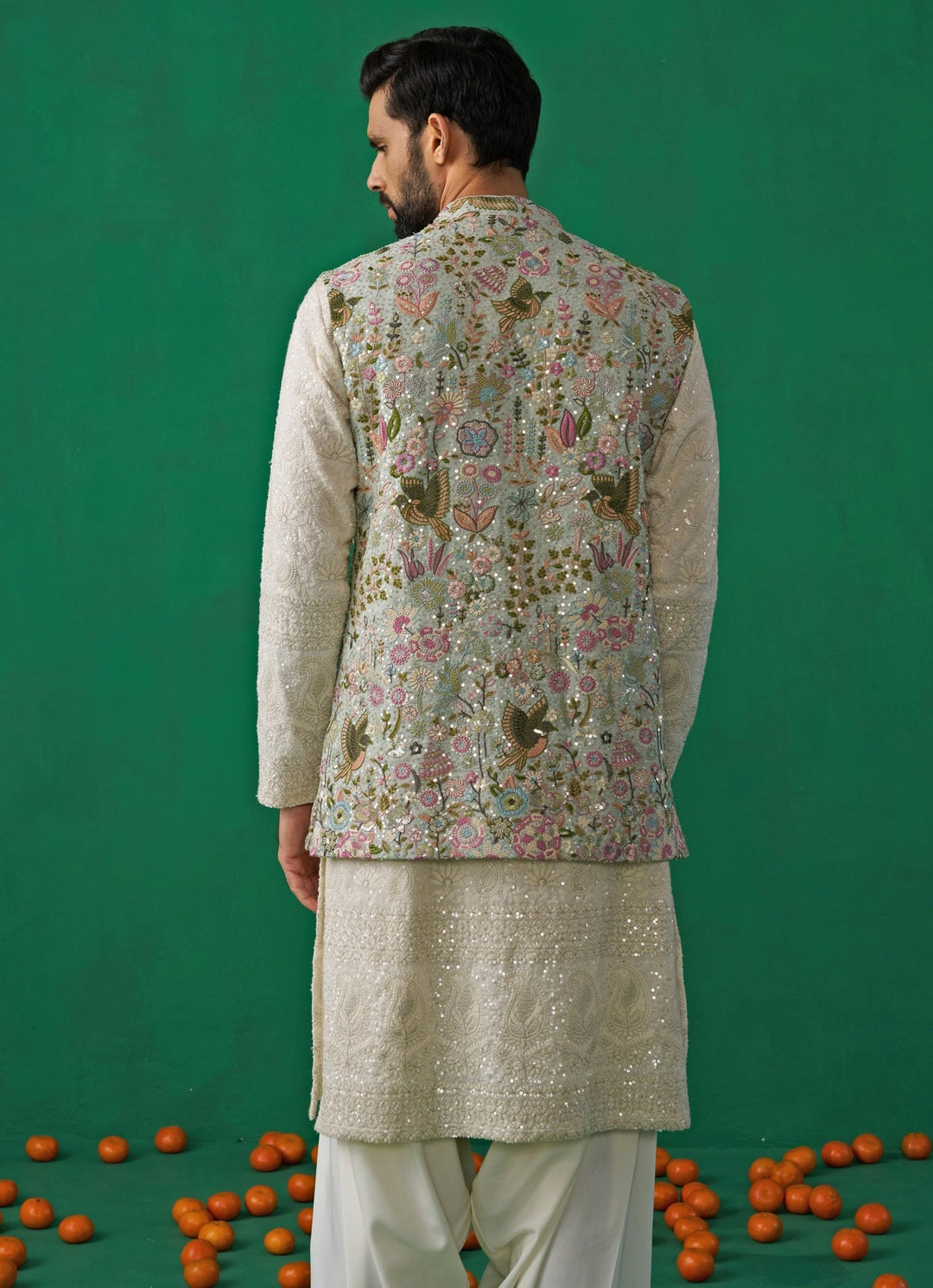 Sky Blue And Ivory Floral Embroidered Georgette Kurta Jacket Set Kalpraag - Fabilicious Fashion