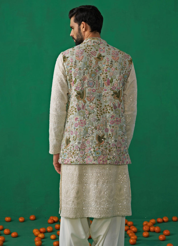 Sky Blue And Ivory Floral Embroidered Georgette Kurta Jacket Set Kalpraag - Fabilicious Fashion