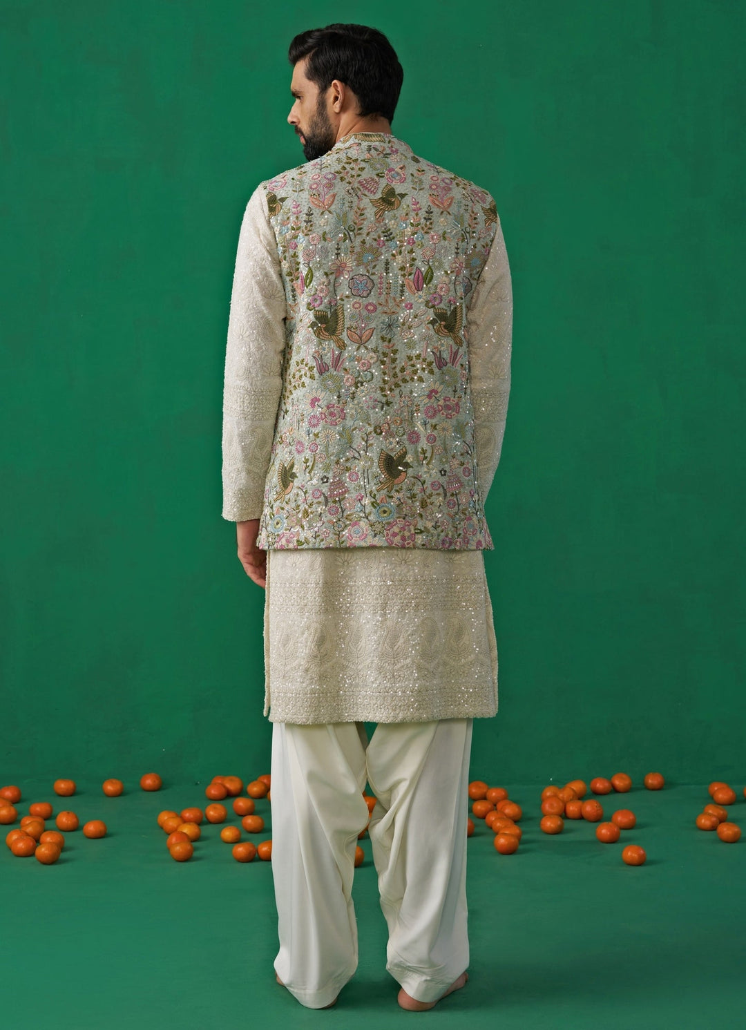 Sky Blue And Ivory Floral Embroidered Georgette Kurta Jacket Set Kalpraag - Fabilicious Fashion