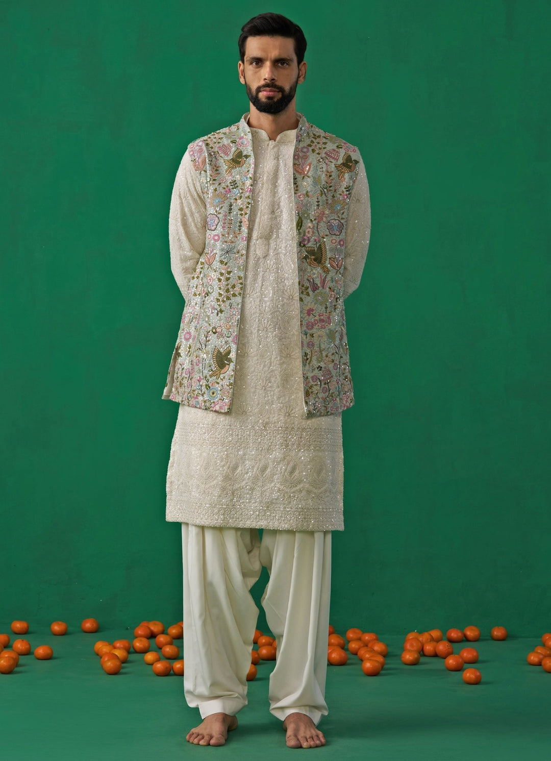 Sky Blue And Ivory Floral Embroidered Georgette Kurta Jacket Set Kalpraag - Fabilicious Fashion